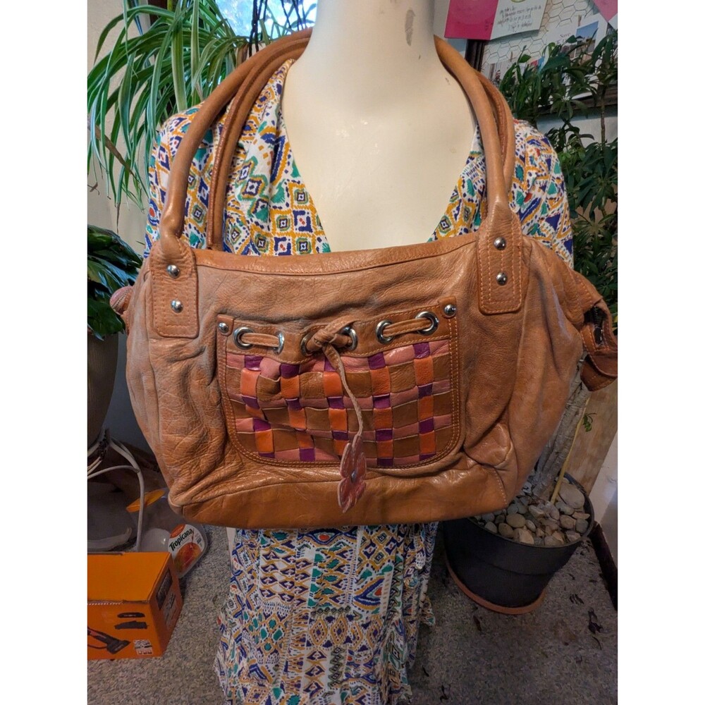 Sofia C. Genuine Leather Satchel Handbag Woven Checkerboard Flower Charm Purse